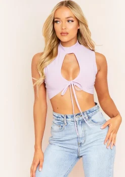 Caera Lilac Key Hole Lace Up High Neck Crop Top