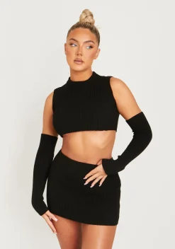 Cali Black Knitted Crop Top With Separate Sleeves