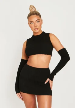 Cali Black Knitted Crop Top With Separate Sleeves