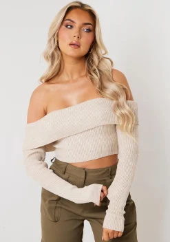 Callie Oatmeal Fold Over Knitted Crop Top