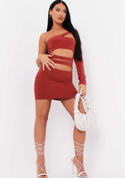 Cambria Burnt Orange One Sleeve Cut Out Mini Dress