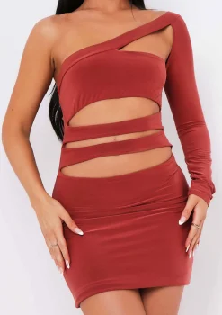 Cambria Burnt Orange One Sleeve Cut Out Mini Dress