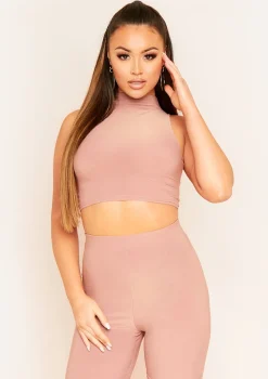 Camila Mocha High Neck Cropped Racer Crop Top