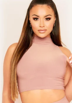 Camila Mocha High Neck Cropped Racer Crop Top