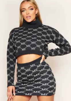 Carly Charcoal Missy Empire Print Knitted Roll Neck Cropped Jumper