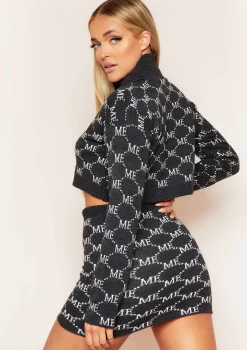 Carly Charcoal Missy Empire Print Knitted Roll Neck Cropped Jumper