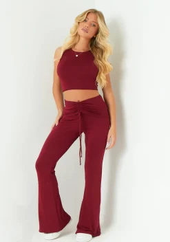 Carmen Wine Ruched Front Fold Over Trouser