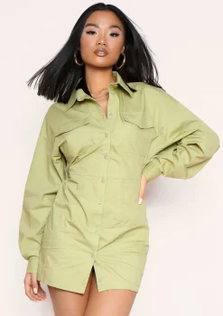 Cecilia Sage Green Pocket Front Back Detail Shirt Dress