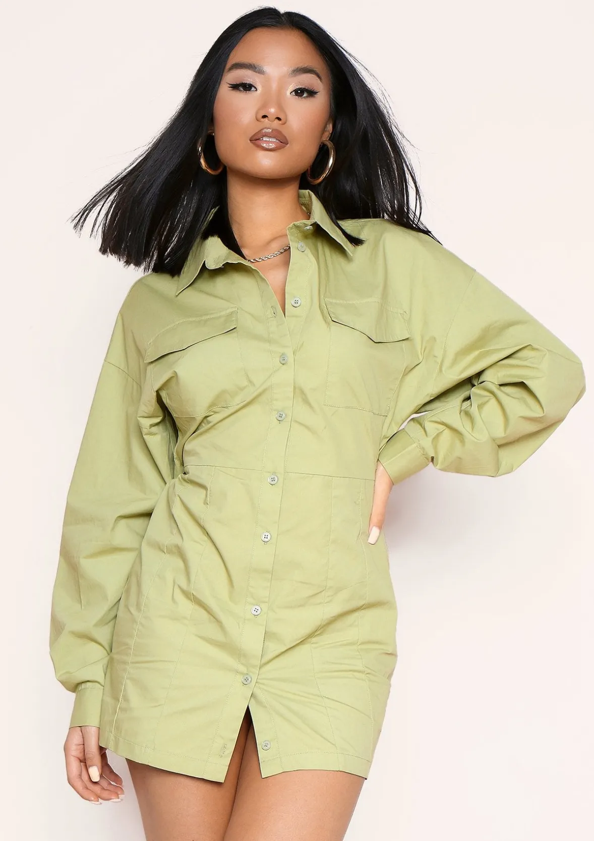 Cecilia Sage Green Pocket Front Back Detail Shirt Dress