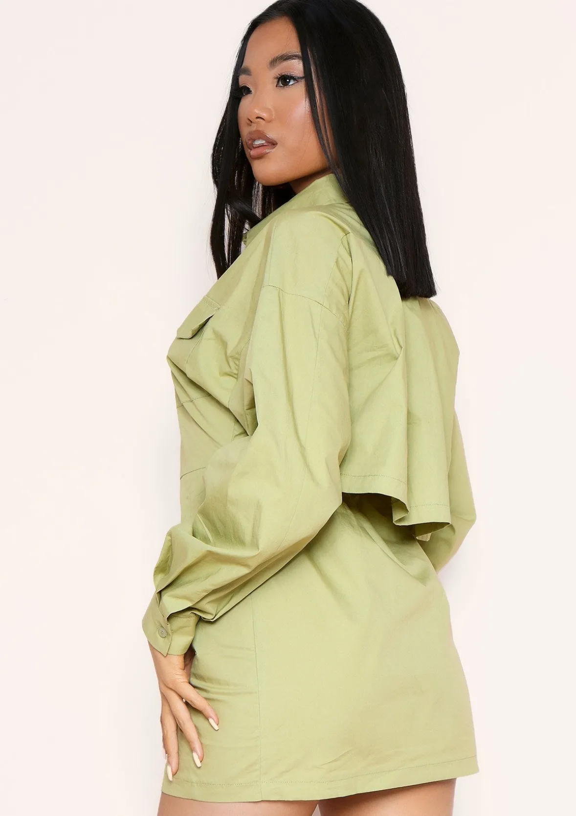 Cecilia Sage Green Pocket Front Back Detail Shirt Dress