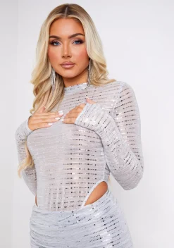 Celeste Silver Sheer Sequin Detail High Neck Bodysuit With Thumb Hole