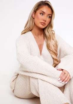 Chantelle Beige Chunky Knit Cardigan & Trouser Co-Ord Set