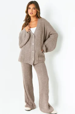 Chantelle Mocha Chunky Knit Cardigan & Trouser Co-Ord Set