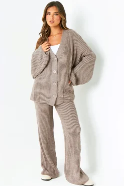 Chantelle Mocha Chunky Knit Cardigan & Trouser Co-Ord Set