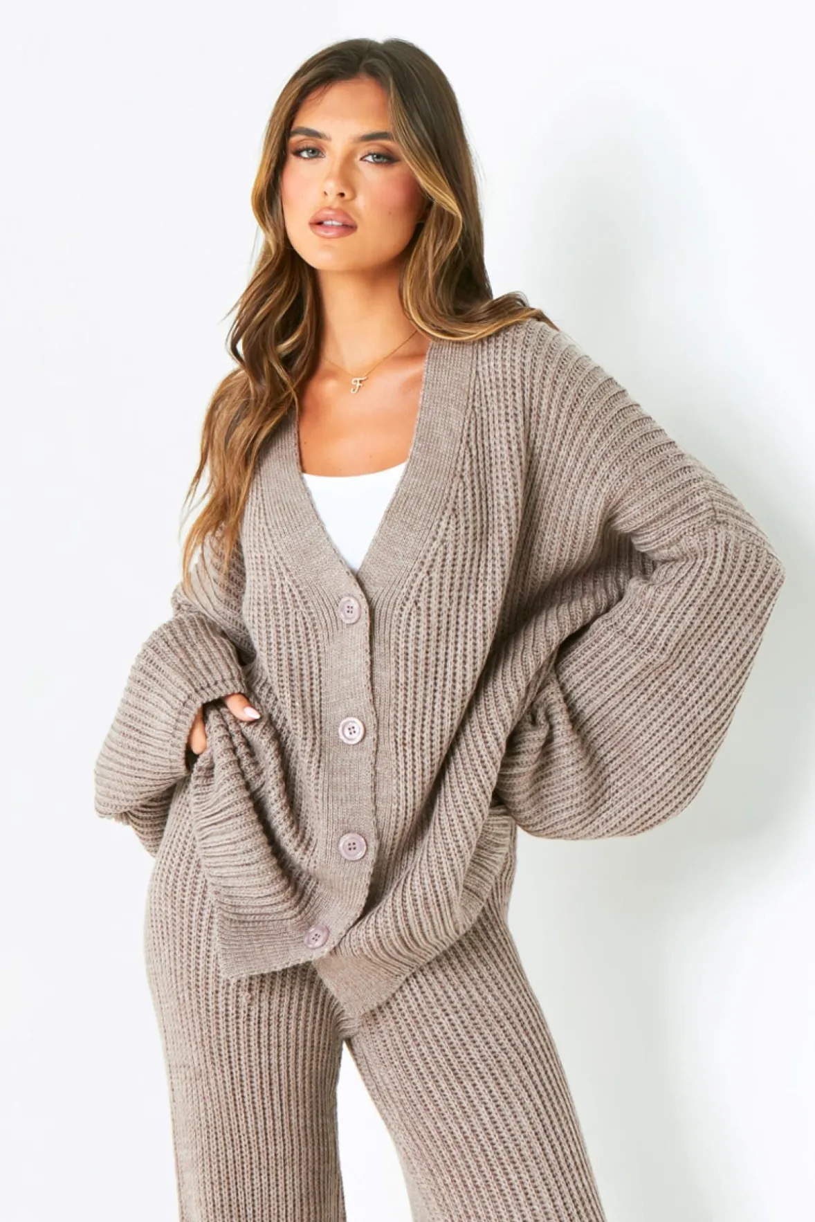 Chantelle Mocha Chunky Knit Cardigan & Trouser Co-Ord Set