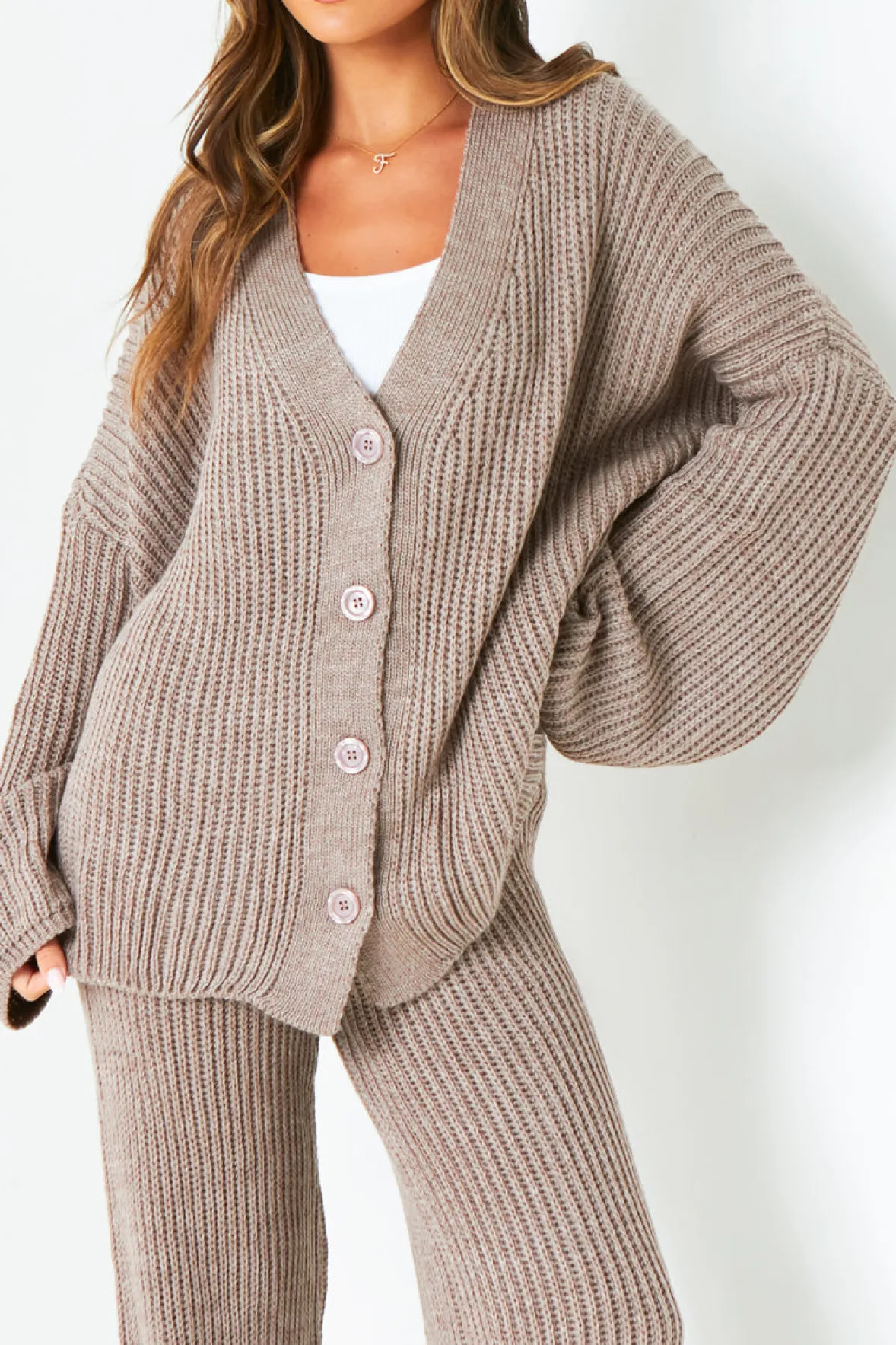 Chantelle Mocha Chunky Knit Cardigan & Trouser Co-Ord Set