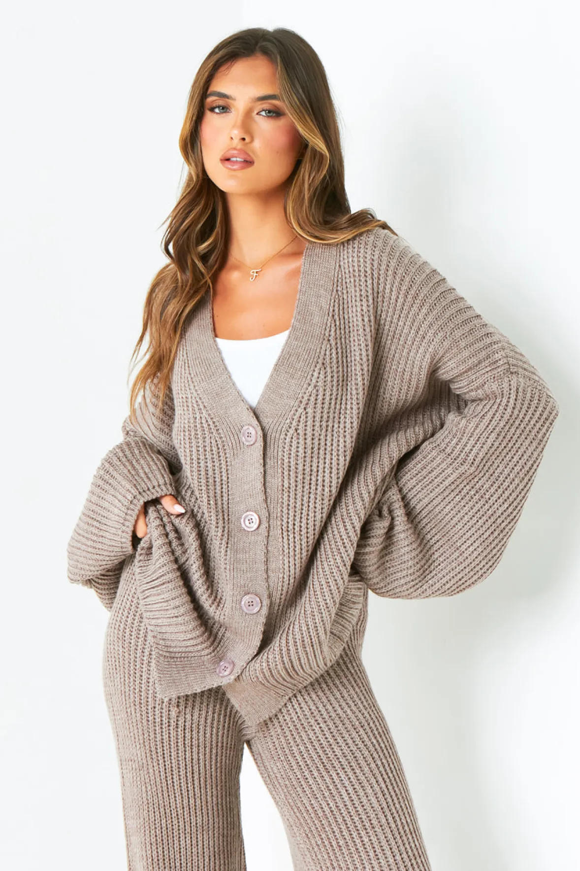 Chantelle Mocha Chunky Knit Cardigan & Trouser Co-Ord Set