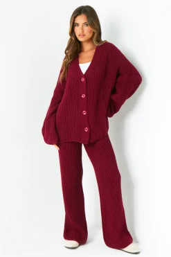 Chantelle Wine Chunky Knit Cardigan & Trouser Co-Ord Set