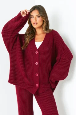 Chantelle Wine Chunky Knit Cardigan & Trouser Co-Ord Set