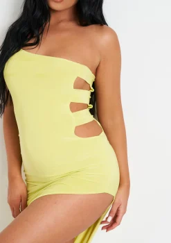 Chantria Lime Double Layer Slinky Cut Out One Shoulder Midi Dress