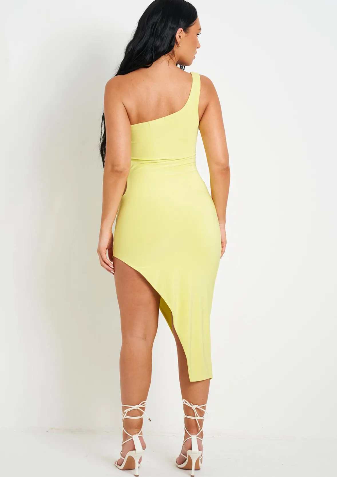 Chantria Lime Double Layer Slinky Cut Out One Shoulder Midi Dress
