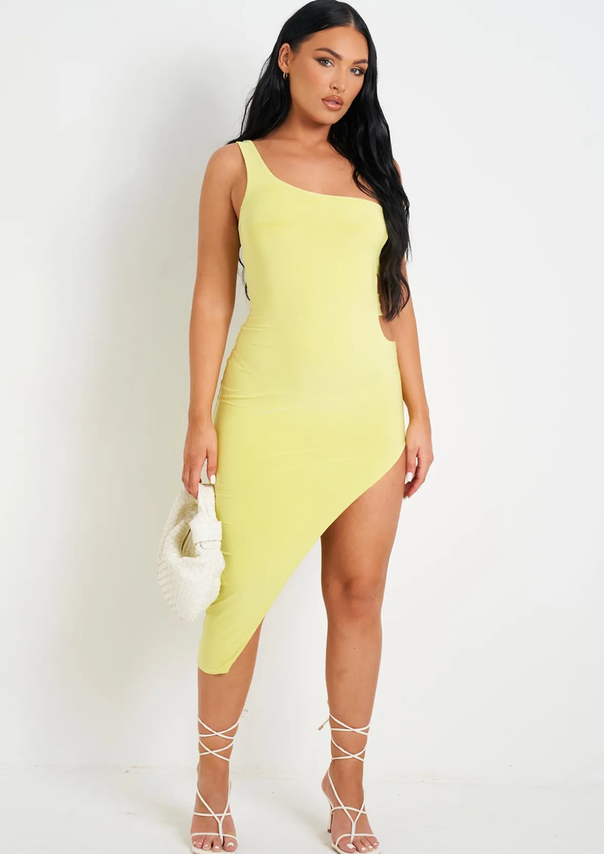 Chantria Lime Double Layer Slinky Cut Out One Shoulder Midi Dress
