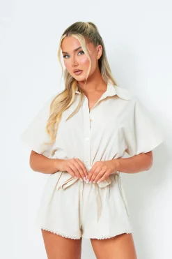Charley Beige Tie Waist Plunge V Neck Playsuit