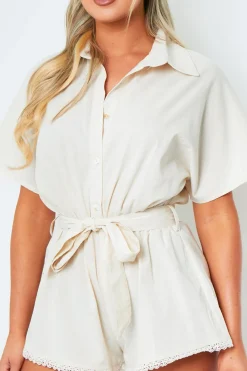 Charley Beige Tie Waist Plunge V Neck Playsuit