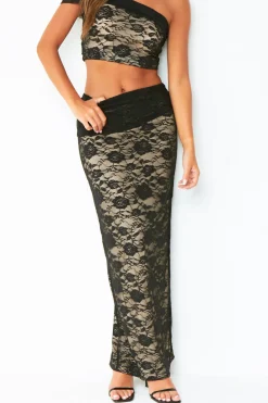 Charli Black Lace Fold Over Maxi Skirt