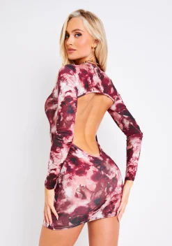 Charlotte Burgundy Smoke Print Cut Out Back Mini Dress