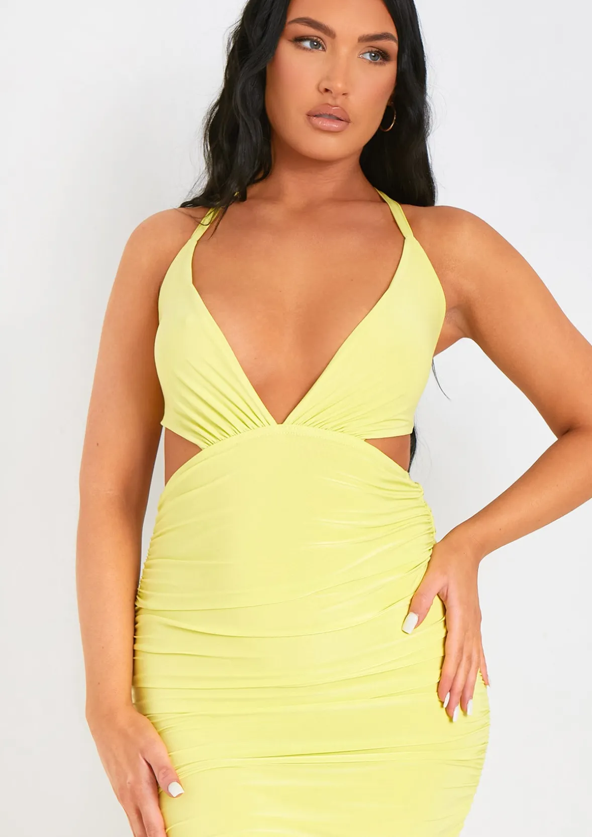 Chaya Lime Slinky Cut Out Halter Neck Midi Dress