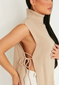 Cheryl Beige Knitted Roll Neck Tie Side Vest