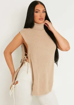 Cheryl Beige Knitted Roll Neck Tie Side Vest