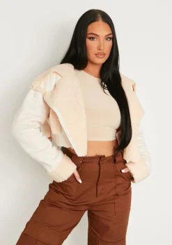 Cindy Cream Cropped Zipped Borg Coat