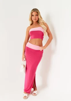 Claire Pink Contrast Fold Over Maxi Skirt