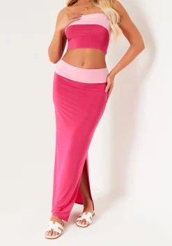 Claire Pink Contrast Fold Over Maxi Skirt
