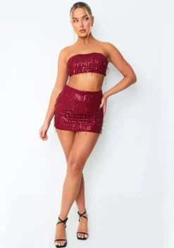 Cleo Wine Tassel Sequin Mini Skirt