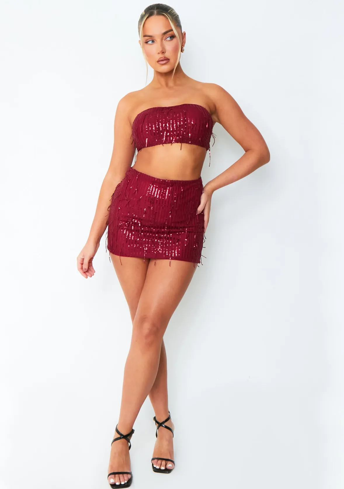 Cleo Wine Tassel Sequin Mini Skirt