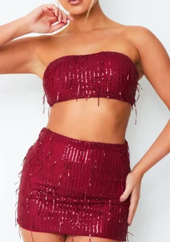 Cleo Wine Tassel Sequin Mini Skirt