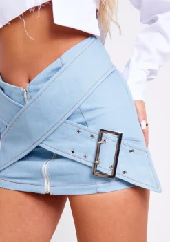 Cloe Mid Wash Pastel Blue Denim Belted Mini Skirt