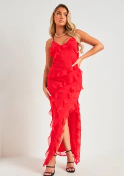 Cora Red Strappy Frill Maxi Dress