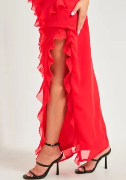Cora Red Strappy Frill Maxi Dress