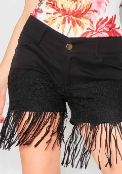 Cordelia Black Denim Crochet Lace Tassel Shorts