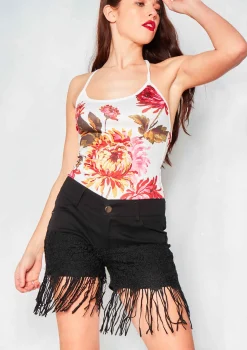 Cordelia Black Denim Crochet Lace Tassel Shorts
