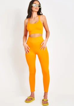 Cyndi Orange Seamless Ribbed High Waisted Leggings