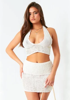 Damara Cream Textured Halter Neck Top