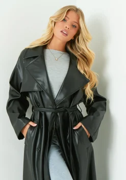 Dani Black Leather Trench Coat