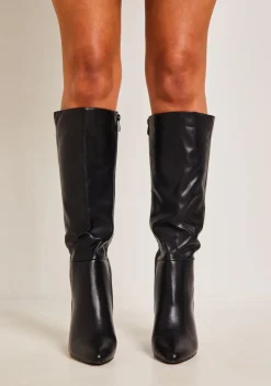 Devyn Black Knee High Heeled Leather Boots