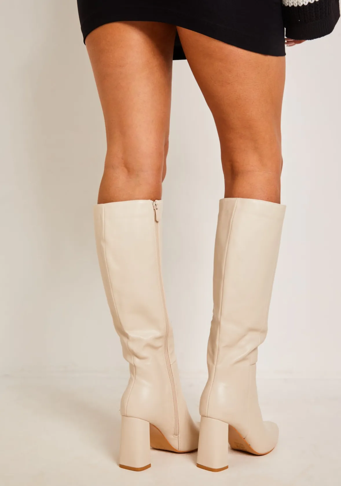 Devyn Cream Knee High Heeled Leather Boots