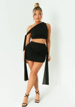 Diana Black One Shoulder Tie Detail Mesh Crop Top